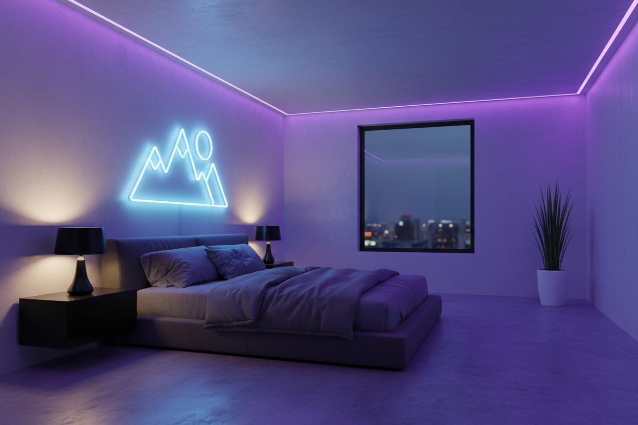 “A modern bedroom with LED strip lights glowing purple and blue around the ceiling edges, neon sign on the wall, minimalistic, moody lighting, ultrarealistic, high resolution.”